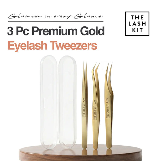 3 Pc Premium Gold Eyelash Extension Tweezer Set
